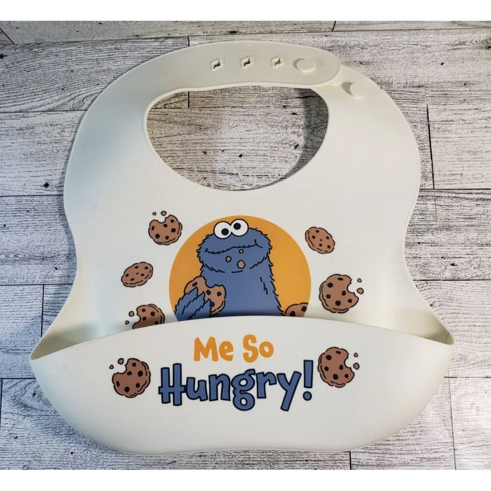 Sesame Street Cookie Monster Baby Bib w/Catch Pouch Silicone Me So Hungry CUTE